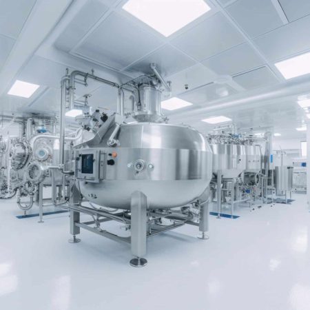 Interior of Pharmaceautical clean room, industrial design for large scale chemical production in controlled sterile conditions.