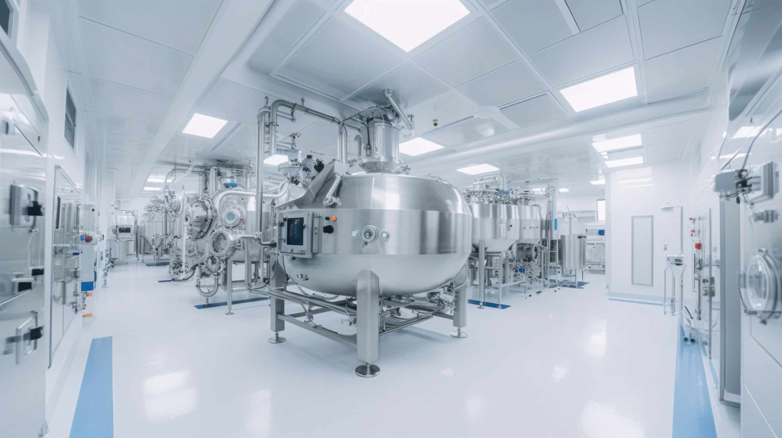 Interior of Pharmaceautical clean room, industrial design for large scale chemical production in controlled sterile conditions.